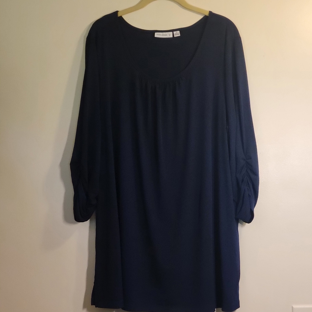 Susan Graver Liquid Knit Ruched 3/4 Sleeve Tunic Navy 1X